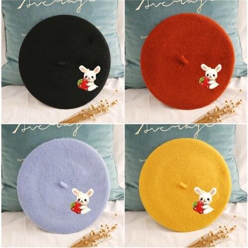 Beret Hat Women Bonnets Cute Vintage College Sailor Black Woolen Rabbit Beanies Retro Sweet Painter Hat Wholesale