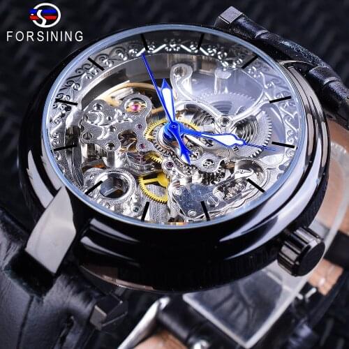 Forsining Retro Fashion Skeleton Clock Blue Hands Mens Mechanical Watches Black Genuine Leather Luminous Hands Horloge Mannen