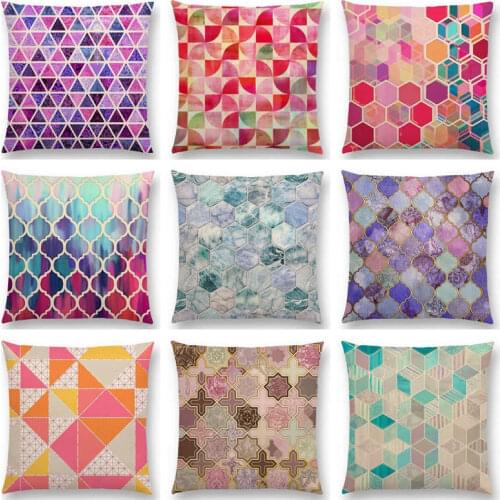 Hot Sale Rainbow Geometric Polygon Decorative Pattern Colourful Crystal Cubes Bohemian Hexagon Cushion Decor Sofa Throw Pillow