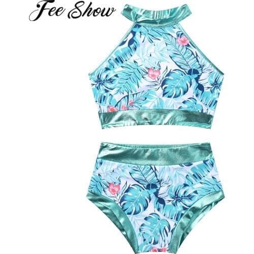 Kids Girls Tankini Brazilian Bikini Top with Bottoms Swimming Set Beachwear Palm Leaves Print Swimsuit Swimwear Bathing Suit Set