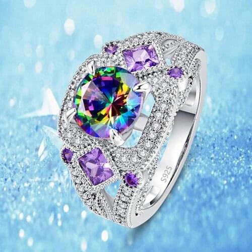 J.C Round Cut Mystic Rainbow & White Topaz Amethyst 925 Sterling Silver Ring Size 6 7 8 9 Women Fine Dazzling Jewelry Gift