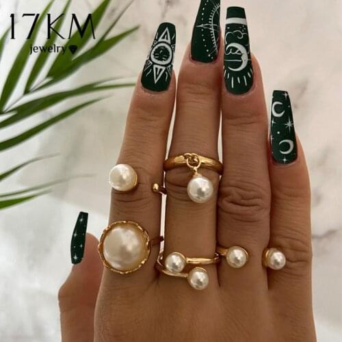 17KM Retro Big Round Pearl Rings Set For Women Elegant Open Knuckle Rings Pearl Pendant Finger Ring Jewelry
