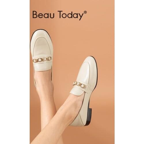 BeauToday Calfskin Loafers Women Genuine Leather Round Toe Metal Chain Decoration Flat Heel Lady Shoes Handmade 27430