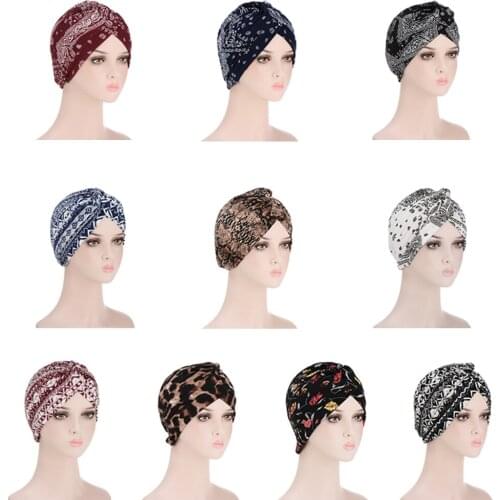 Trendy Bohemia Forehead Cross Turban Hat Print Muslim Women Head Scarf Inner Caps for Hijab Arab Wrap Head Hijab Cap Bonnet Hat
