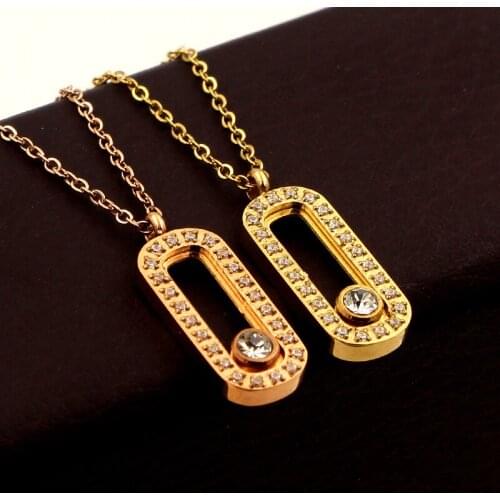 Fashion Rose Gold Color Love Moving Crystal Oval Pendant Necklace Stainless Steel Women Female Girl Party Gift