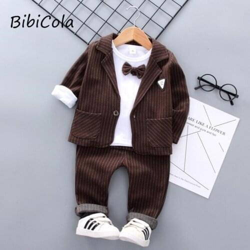 Fashion Coat+Bow Shirt+Pants 3pcs Boys Party Clothing Set Spring Autumn Kids Boy Striped Outfit Suit Children 1-4Y Clothing
