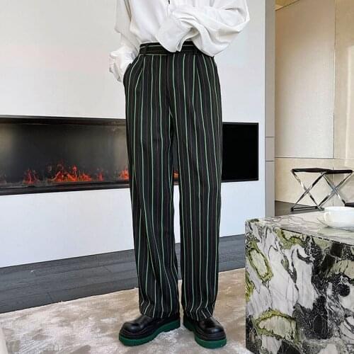 Men Green Stripe Straight Casual Suit Pant Korea Streetwear Vintage Fashion Long Trousers Male