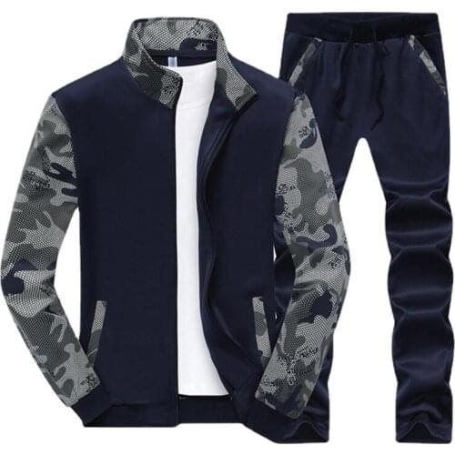 2021 Spring Autumn Mens Sports Sets Fashion Zipper Sweatshirt +Sweatpants Camouflage Stitching Tracksuit Men Slim Casual Sets