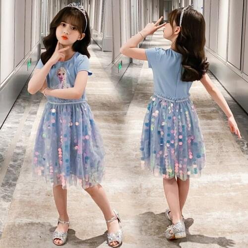 New Elsa Dress for Girls Cartoon Print 2-14 Years Baby Sky Blue Red Princess Dresses Stage Party Cosplay Photograph Kids Clothes