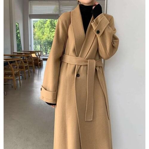Winter Women Solid Sashes Double Breasted Woolen Coats Female Thick Warm Outerwears Office Lady Korean Streetwear Coats