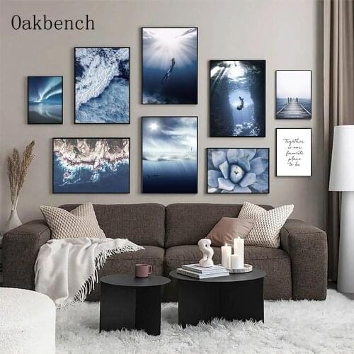 Blue Ocean Landscape Painting Aurora Canvas Art Print Diving Poster Sea Paintings Nordic Posters And Prints Living Room Decor