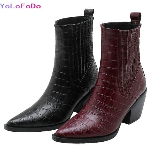 Plus Size 33-45 Faux Leather Women Ankle Boots High Quality Square High Heel Boots Elastic Band Fashion Pointed Toe Short Boots