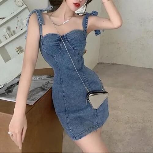 Retro suspender dress 2021 summer new slim short denim skirt lace up buttock skirt womens dress