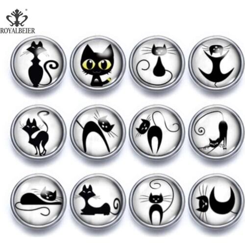 ROYALBEIER 12pcs/lot Mixed Patterns Cat 12mm Glass Snap Button Jewelry Faceted Glass Snap Fit Snap Earrings Bracelet Necklace