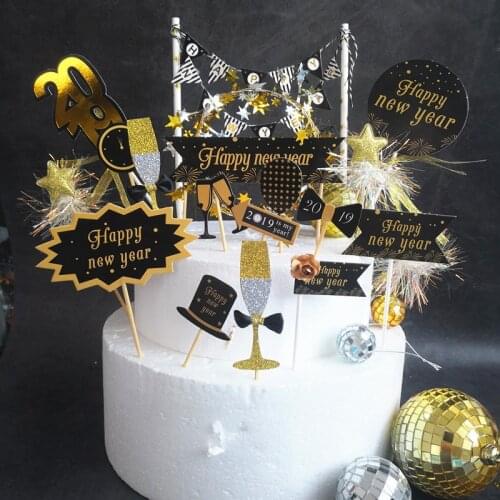 Black Gold Happy New Year Flag Cake Topper Dessert Table Dessert Dress Up Party Supplies Cake Topper for DIY Party Decoration G