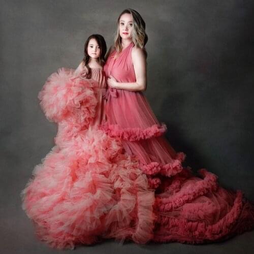 Gorgeous Fluffy Tiered Tulle Women Maternity Dress Real Image Sexy Backless Ruffles Long Babyshower Dress To Photography