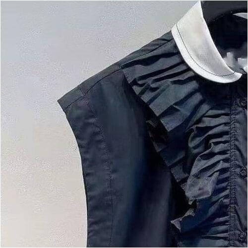 2021 Summer Womens Peter Pan Collar Blouse Sleeveless Pleated Ruffle Black Shirts and Tops with Buttons Office Ladies Wear