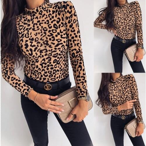 Autumn Winter Women Sexy Turtleneck Long Sleeve Leopard Print Skinny Stretch Slim Basic Shirts Tops