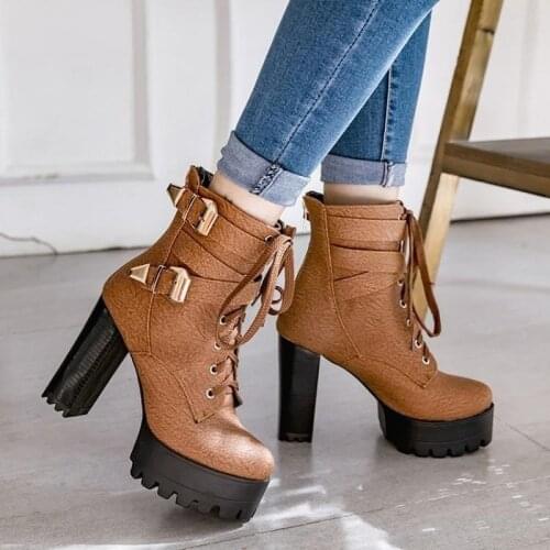 XJRHXJR Super High Heels Ankle Boots for Woman Autumn Winter Corss Straps Ankle Boots Ladies Platform High Heels Size 30-48