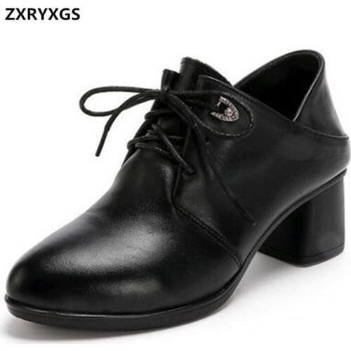 Promotion 2020 New AutumnTemperament Black Shoes Women High Heel Shoes Thick Heel Fashion Genuine Leather Shoes Womens Shoes