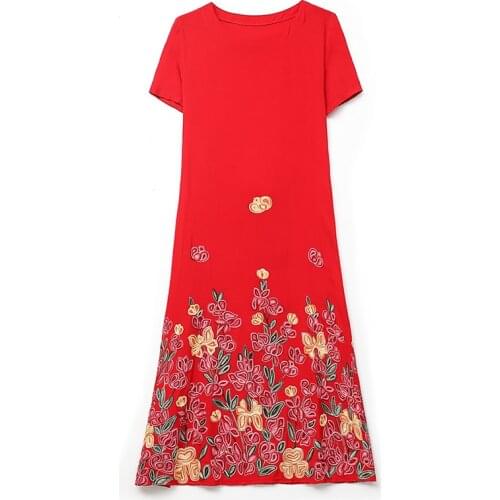 Women Elegant Floral Embroidery Dress New Ladies Short Sleeve Loose Summer Long Dress XL-5XL Female Vestidos Clothing