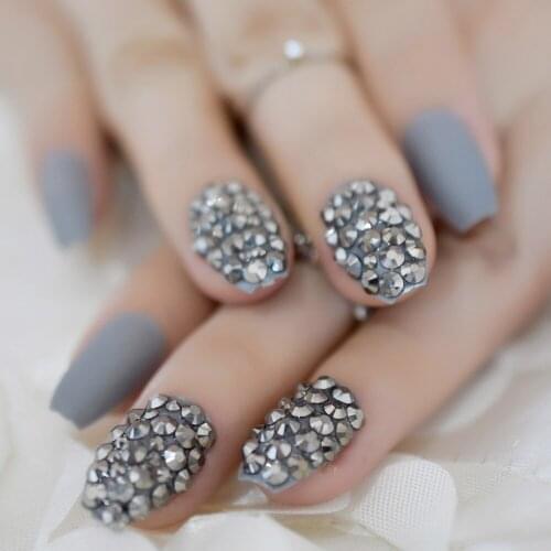 Ballerina Coffin Matte Short Nails Silvery Pure Gray Color Nails Rhinestones Decoration Diamond Pretty Fashion Nail Tips 24pcs