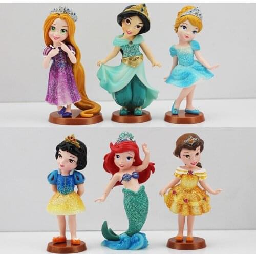 6pcs/lot Princess Figures Snow White Cinderella Jasmine Tangled Bella Ariel Mermaid Beauty Model Dolls Gift For Girls