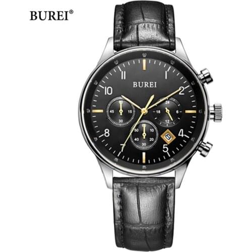 BUREI Brand Fashion Business Quartz Wrist Watch Man Luxury Waterproof Chronograph Calendar Casual Wristwatches Relogio Masculino