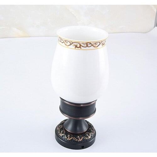 Black Oil Rubbed Brass Carved Flower Pattern Toothbrush Holder with Single Ceramics Cup Deck Mounted Bathroom Accessories aba478
