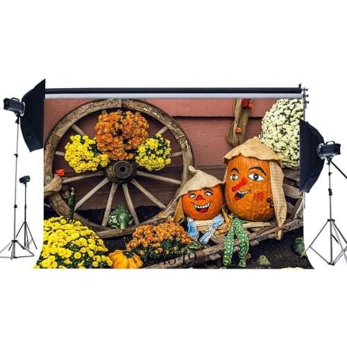 Photography Backdrops Halloween Pumpkin Fresh Flowers Autumn Harvest Greeting Scene Masquerade Portraits Photo Background