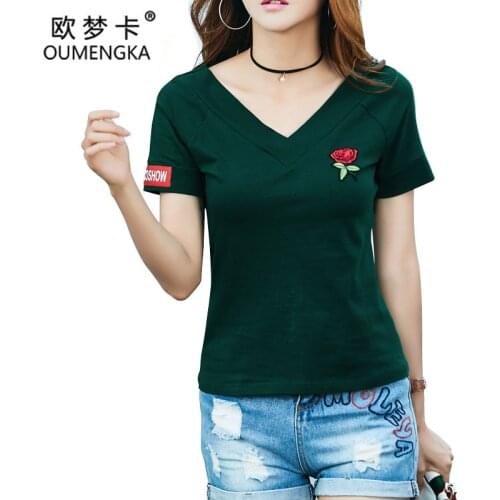 OUMENGKA Vintage T-shirt Women Rose Floral Embroidery Sexy V Neck Casual Summer Tops 2018 New Fashion Slim T-shirt 4XL