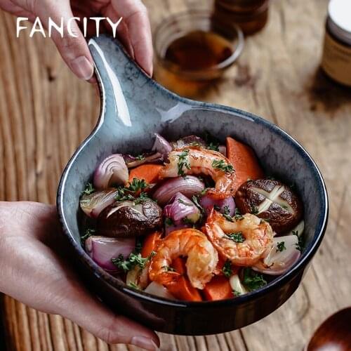 FANCITY Ceramic single-handled bowls, creative baked rice bowls, baked bowls, fruit salad bowls