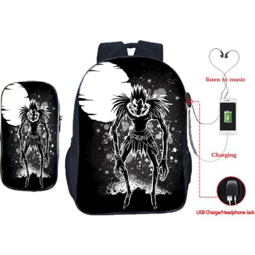 Cool Death Note USB Backpack Boys Girls Ryuuku School Bag Teens Bookbag Students Back to School Gift(2pcs Set/backpack+pen Bag)