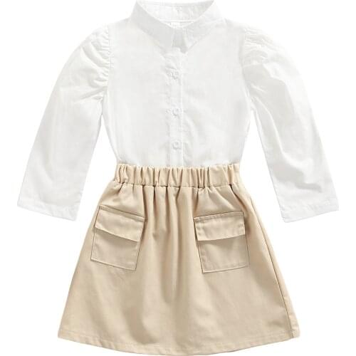 Toddler Girls Clothing Set 2Pcs Kid Summer Tracksuit Solid Color Long Sleeve Buttons Shirt + Short Skirt/Denim Shorts, 1-6 Years