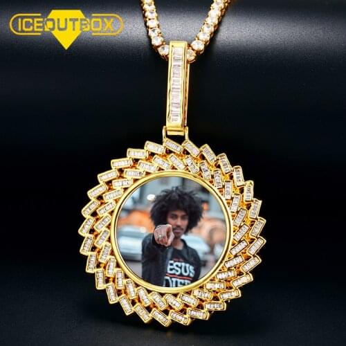 ICEOUTBOX New Design Grain Custom Photo Round Memory Medallion Solid Pendant Baguette Crystal Cubic Zircon Mens Hip Hop Jewelry