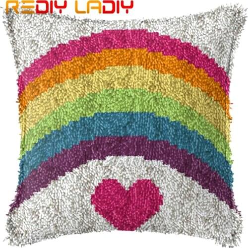 Latch Hook Cushion Rainbow Love Pre-Printed Canvas Cushion Cover Acrylic Yarn Crochet Pillow Case Set Hobby & Crafts Home Decor