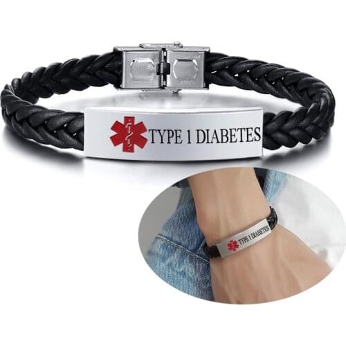 Medical Emergency Alert Bracelet Diabetes 1 Reminder Jewelry Leather Black Stainless Steel Bracelet Custom Jewelry
