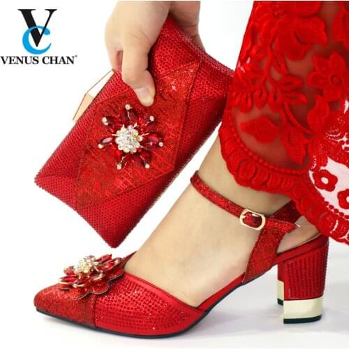 Fashionable Italian Sandals and Bag Set Nigerian Shoes with Matching Bags Comfortable Heels for Royal Wedding Party in Red