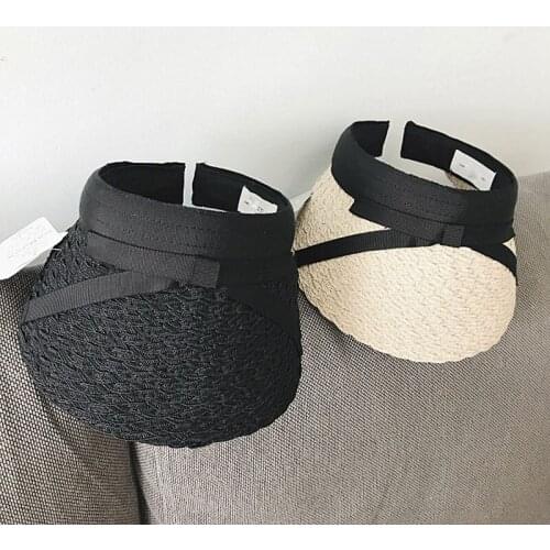 Fashion Summer Women Sun Hats Anti-UV Female Outdoor Caps Hand Made Straw Hat Casual Shade Hat Empty Top Hat Beach Black Visor