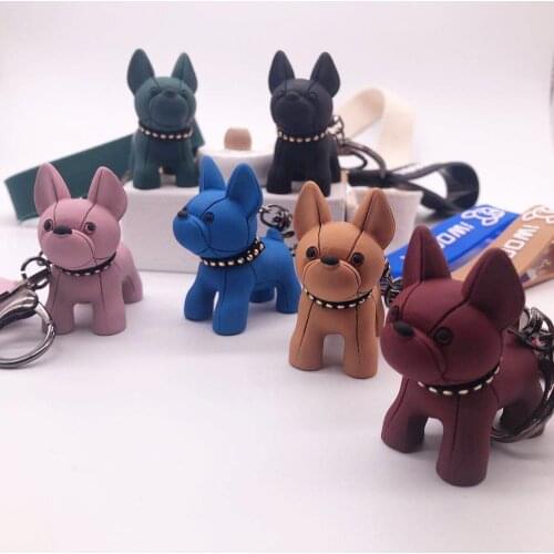 Fashion Bulldog Keychain PU Leather Animal Dog Key chain Holder Bag Charm Trinket Keyring Bulldog Bag Accessories Punk Style Pen