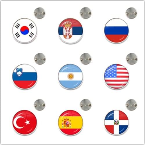 National Flag Glass Cabochon Brooch Korea,Serbia,Russia,Slovenia,Argentina,United States,Turkey,Spain,Dominica Collar Pins Gift