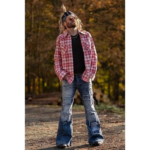 New Men Jeans Patch Elastic Flare Pants Retro Denim Jeans for Men Fashion Patchwork Jeans Casual Plus Size Men Clothing