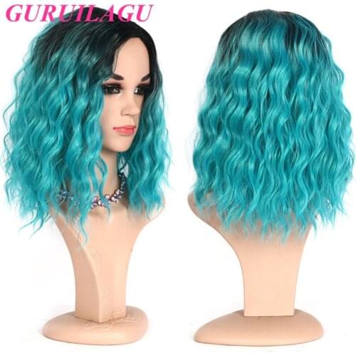 GURUILAGU Wigs for Women Blue Grey BUG Golden Ombre Wig High Temperature Fiber Synthetic Hair Natural Wave Cosplay Wig Women