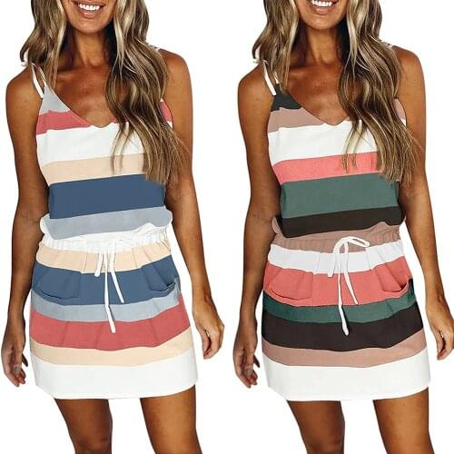 Womens Sleeveless Spaghetti Strap Dress Casual V-neck Striped T-shirt Style Mini Dress Slim Fit Elastic Waist Belt Tether