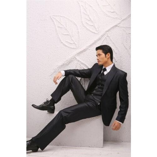 Custom Made Groom Tuxedo Shiny Black Groomsmen Peak Lapel Wedding/Dinner Suits Best Man Bridegroom (Jacket+Pants+Tie+Vest) B298