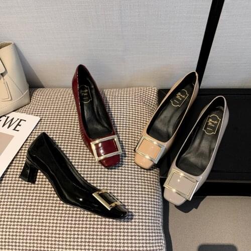 Single shoes womens middle heel square head thick heel working patent leather square buckle high heel womens shoes