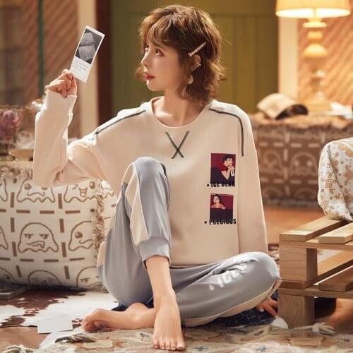 2020 Spring Knit Full Cotton Women Pajamas Sets Sleepwear Long Sleeve O-Neck Female Lovely Cartoon Big Size M-XXL Pijama Mujer