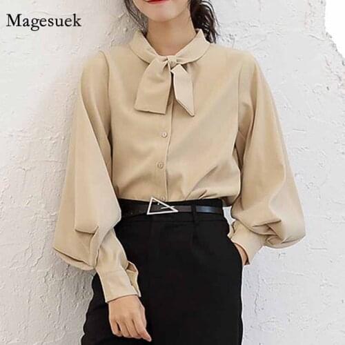 Long Sleeve Solid Color Woman Shirts Bow with Button Ladies Tops Camisas Mujer Spring Korean Women Casual Loose Blouse 8896 50