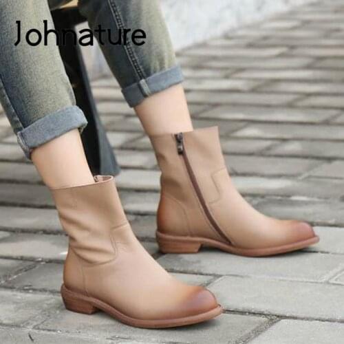 Johnature 2021 New Winter Shoes Women Boots Genuine Leather Zip Round Toe Sewing Handmade Concise Leisure Warm Platform Boots