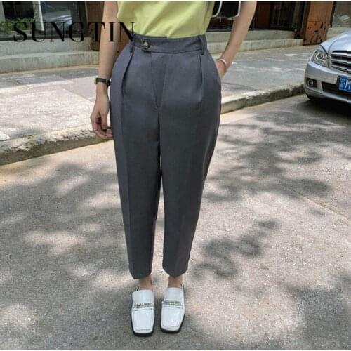 Sungtin Office Lady Ankle Length Pants Women Casual High Waist Straight Pants Suit Loose Harem Pencil Blazer Trousers Korean OL